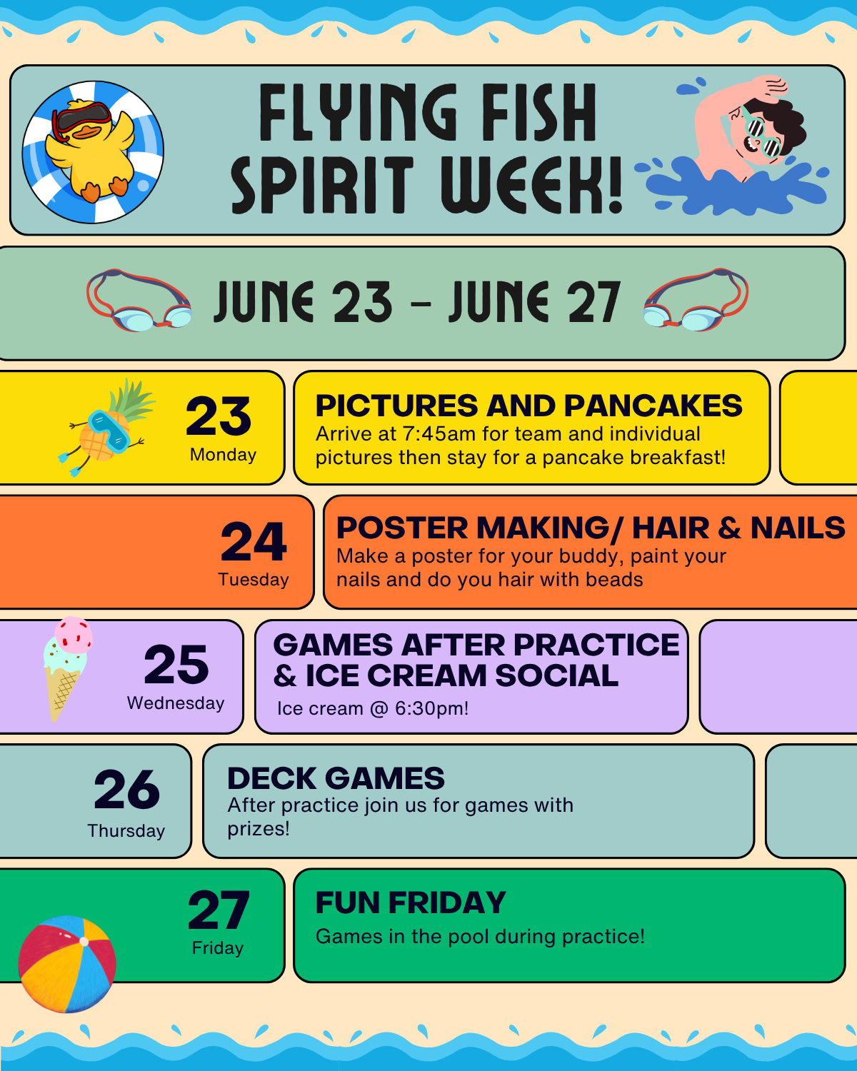 Flying Fish Spirit Week Flyter Colorful flyer advertising events that are planned for spirit week at Fair Blue.